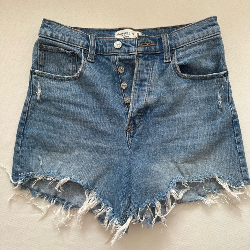 Abercrombie & Fitch Dad Short Light Blue High-Rise Frayed Denim Shorts